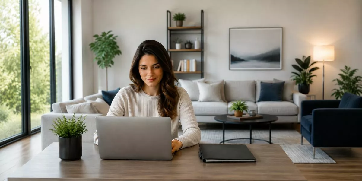 Eine Frau sitzt in einem Wohnzimmer an einem Laptop