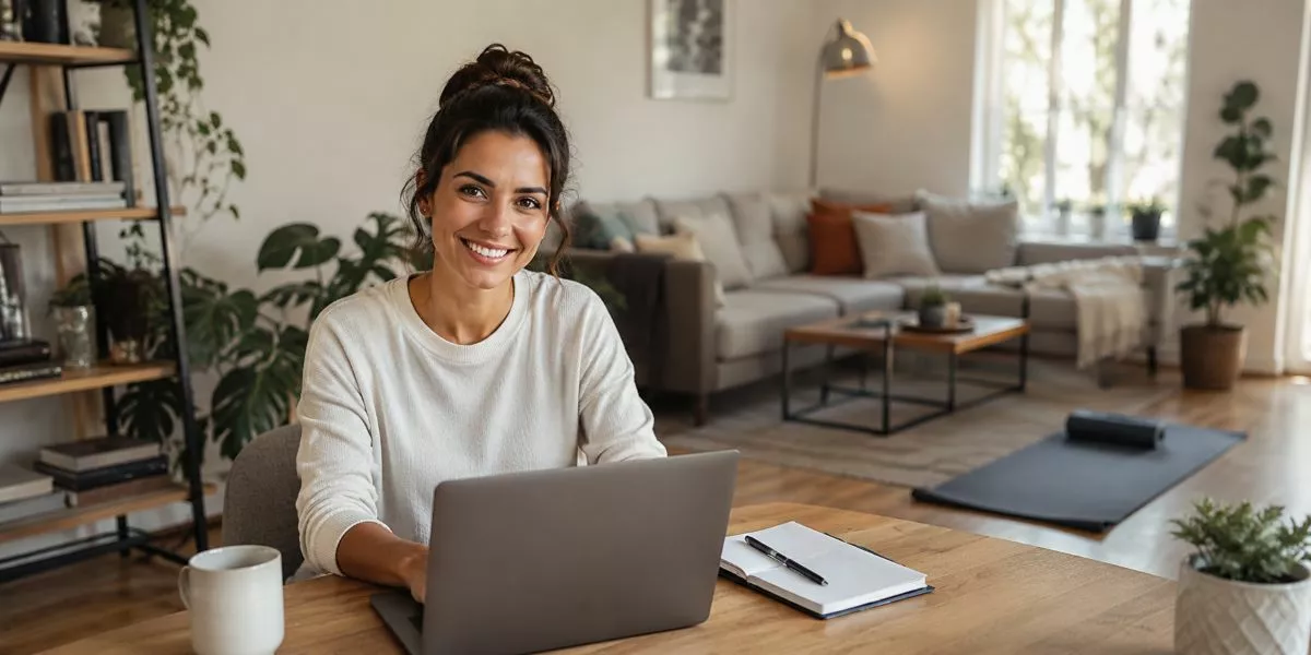 Eine Frau mit weißem Pullover sitzt in einem Wohnzimmer an einem Laptop