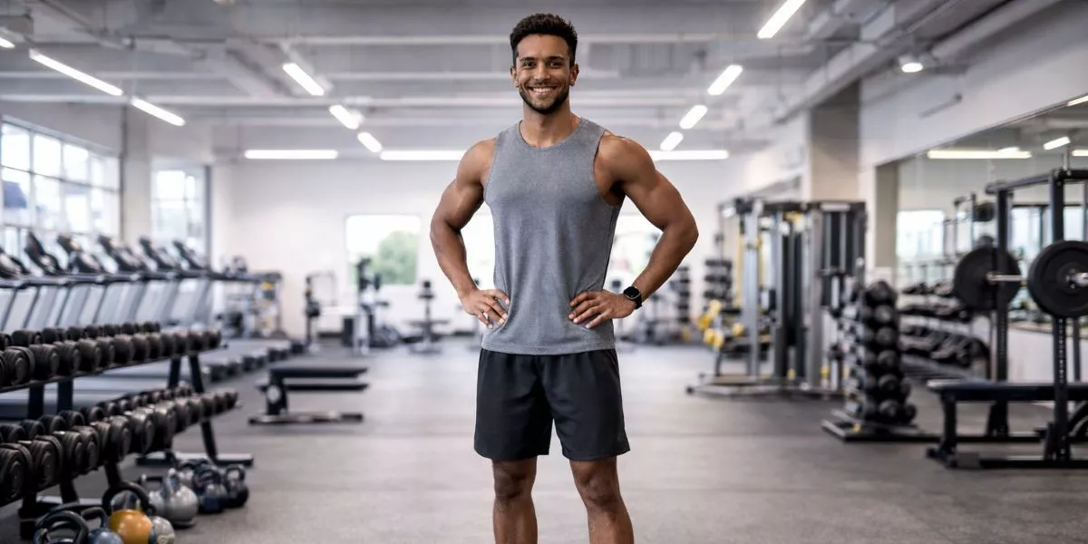 ein Functional Trainer steht lächelnd in einem Fitnessstudio