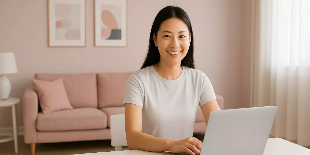 eine junge Frau sitzt am Laptop und absolviert eine Rückenkursleiter Ausbildung