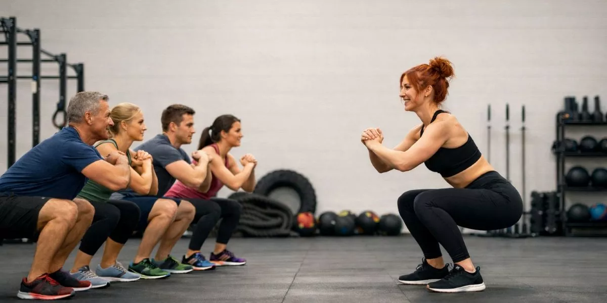 eine selbstständige Functional Trainerin macht Squats mit ihren vier Kursteilnehmern