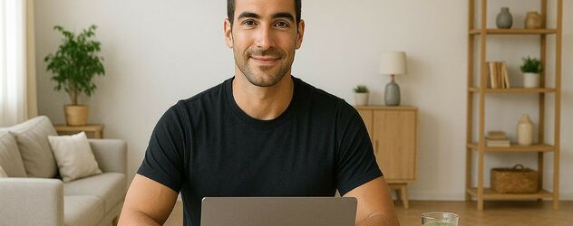 ein sportlicher Mann sitzt vor seinem Laptop und absolviert eine Supplement Coach Ausbildung