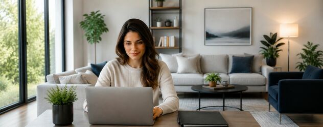 Eine Frau sitzt in einem Wohnzimmer an einem Laptop