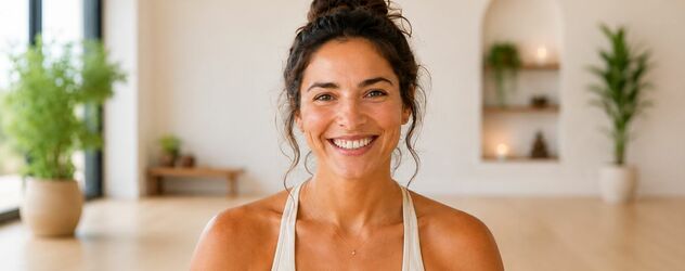 Eine sportliche Frau lächeln in einem modernen Yogastudio